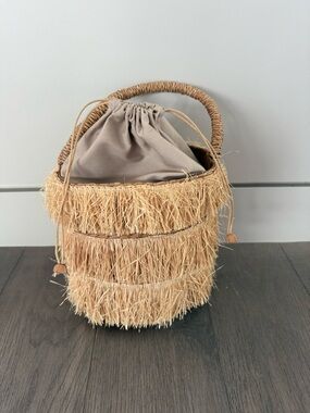 Natural Straw Fringe Mini Bucket Bag with Beige Drawstring